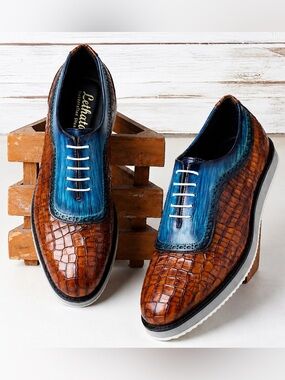 Lethato Two Tone Croc Embossed Leather Derby Oxfords Brown & Navy Men’s Size 8